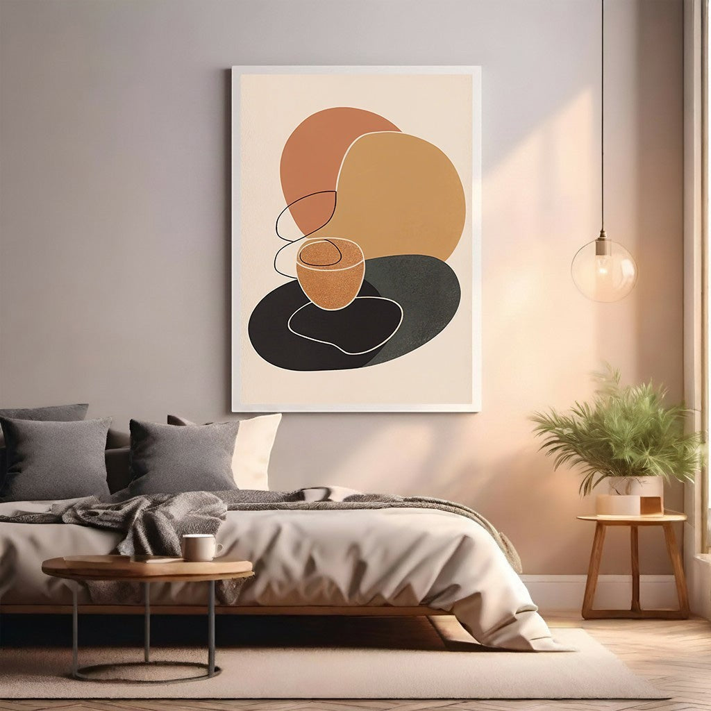 Wadi Home abstract wall art with terracotta, ochre, and charcoal organic shapes and minimalist lines.