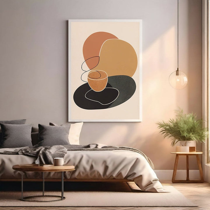 Wadi Home abstract wall art with terracotta, ochre, and charcoal organic shapes and minimalist lines.