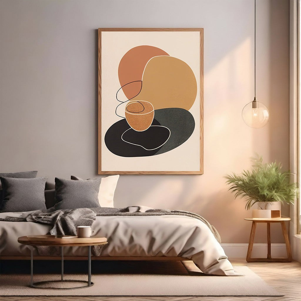 Wadi Home abstract organic shapes wall art in terracotta, ochre, and charcoal on a neutral background.
