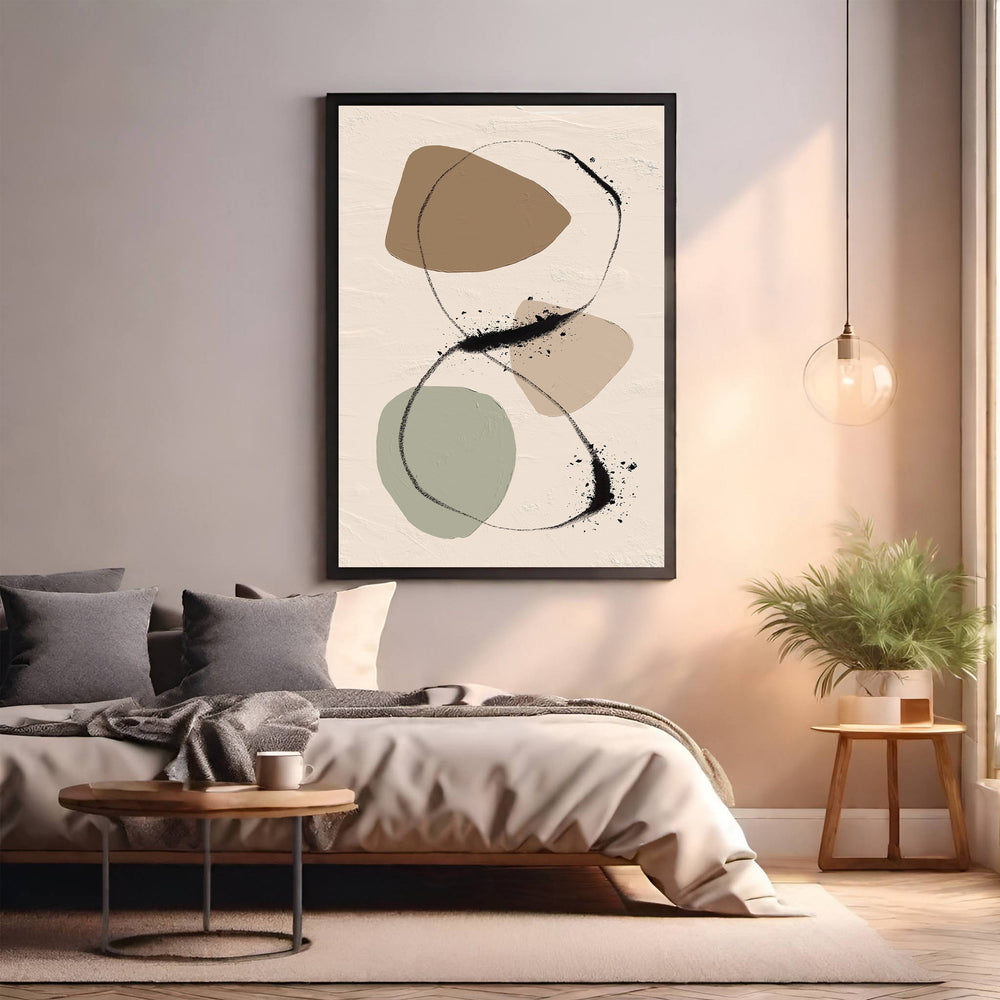 Wadi Home abstract wall art with beige, sage green, and brown organic shapes and black lines.