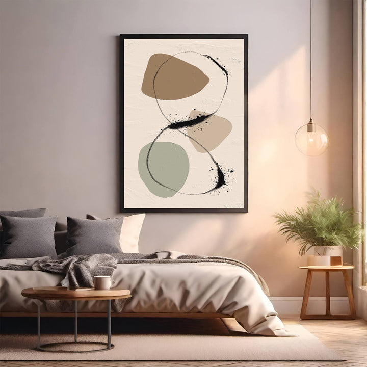 Wadi Home abstract wall art with beige, sage green, and brown organic shapes and black lines.