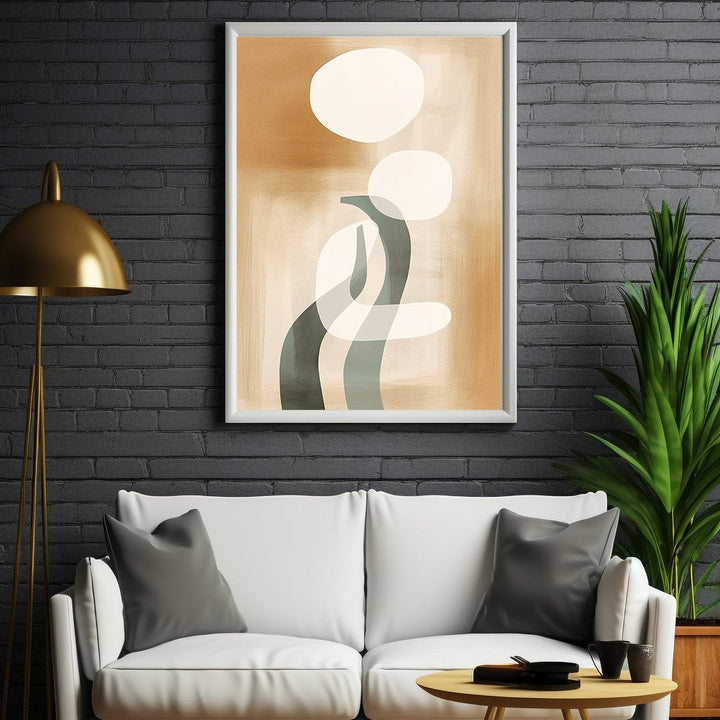 Wadi Home abstract organic shapes framed wall art in warm earthy tones and grey-green accents.