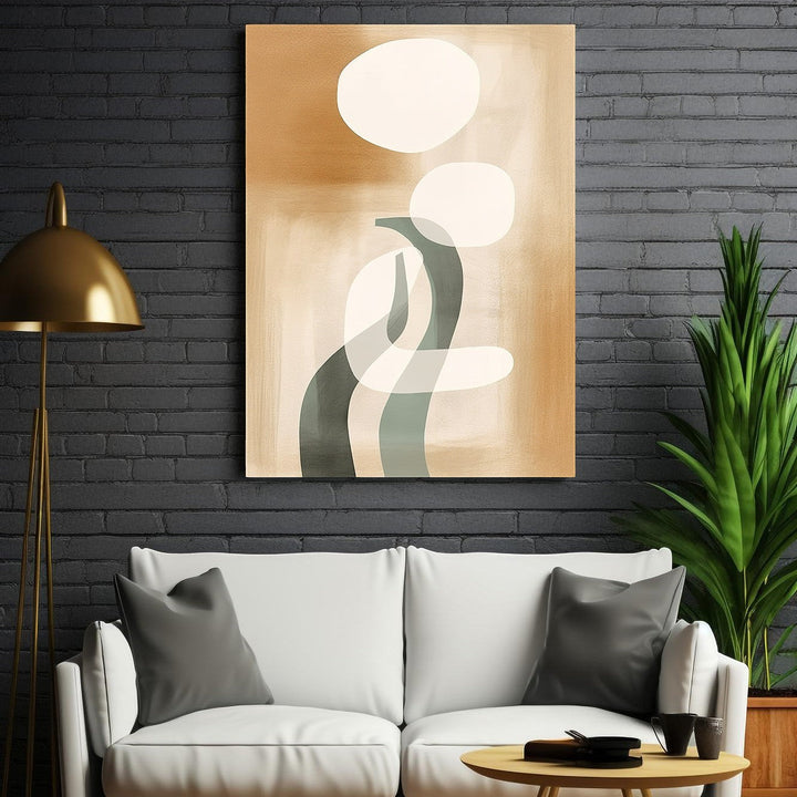 Wadi Home abstract organic shapes wall art in warm earthy tones and grey-green accents, framed.