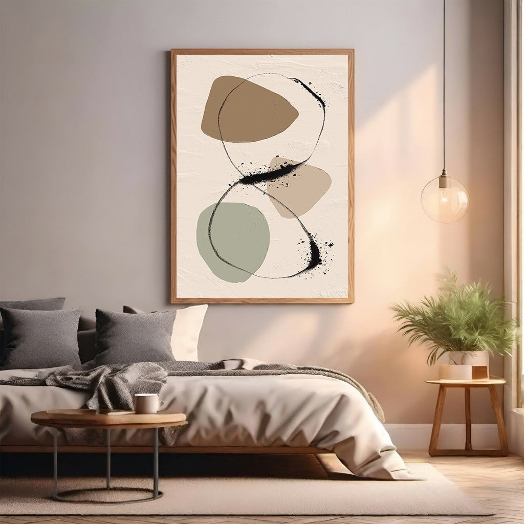 Wadi Home Abstract Organic Shapes Wall Art with beige, sage green, brown shapes and black lines on cream background.