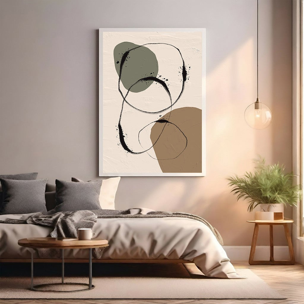 Wadi Home abstract organic shapes wall art with earthy tones and black line details. Textured background.