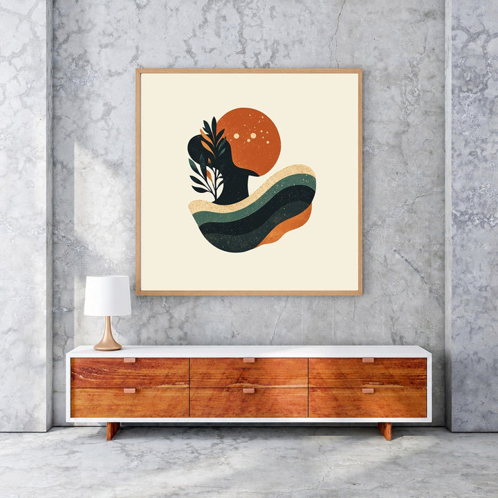 Wadi Home abstract organic shapes wall art with earthy tones and fluid forms, featuring a sun and plant motif.