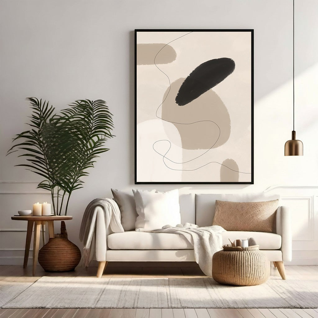 Wadi Home abstract organic shapes wall art in beige, cream, and black with minimalist line work.