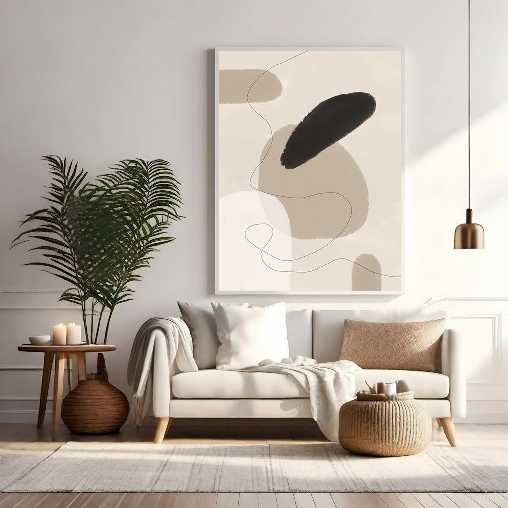Wadi Home abstract organic shapes wall art in beige, cream, and black. Minimalist design with soft, flowing shapes and delicate line work.