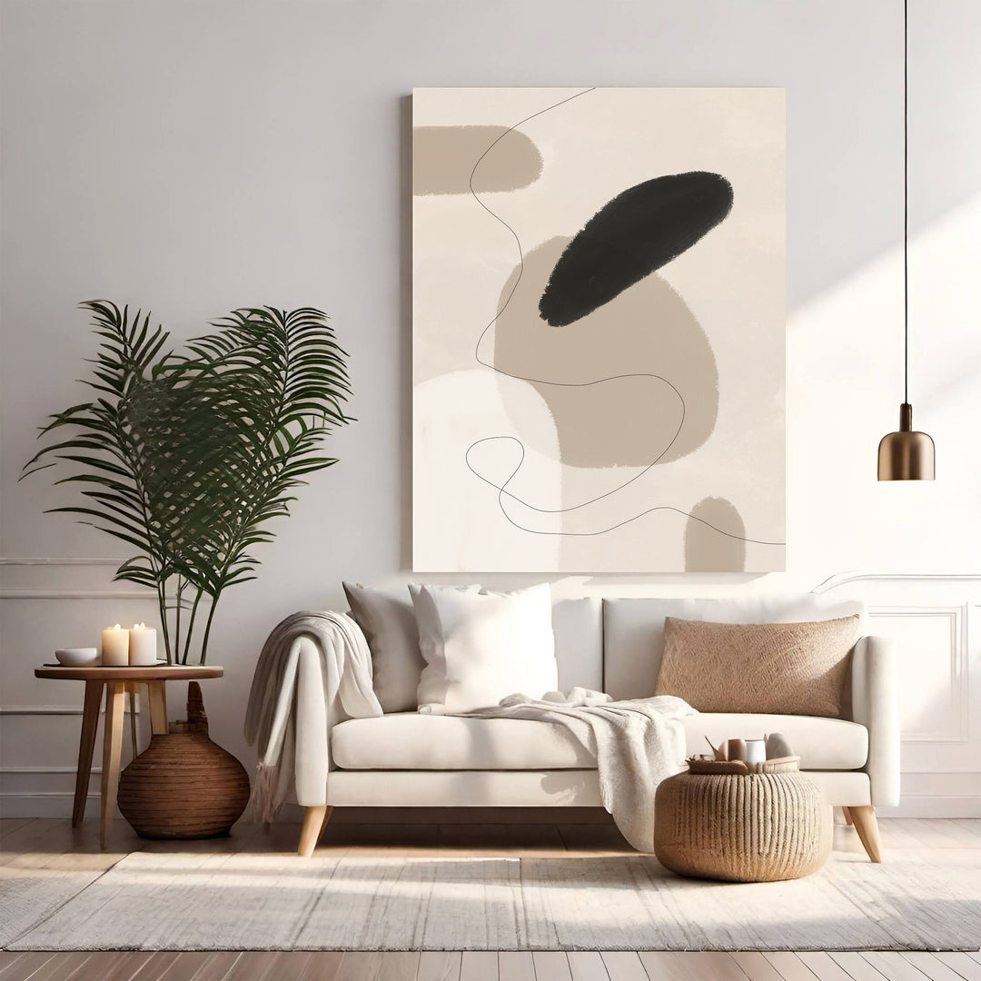 Wadi Home abstract organic shapes wall art in beige, cream, and black with minimalist line work.