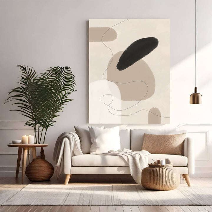 Wadi Home abstract organic shapes wall art in beige, cream, and black with minimalist line work.