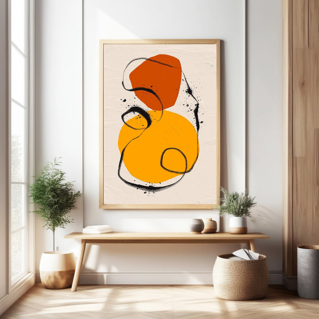 Wadi Home abstract wall art with orange and yellow circles, black brushstrokes, and textured background.