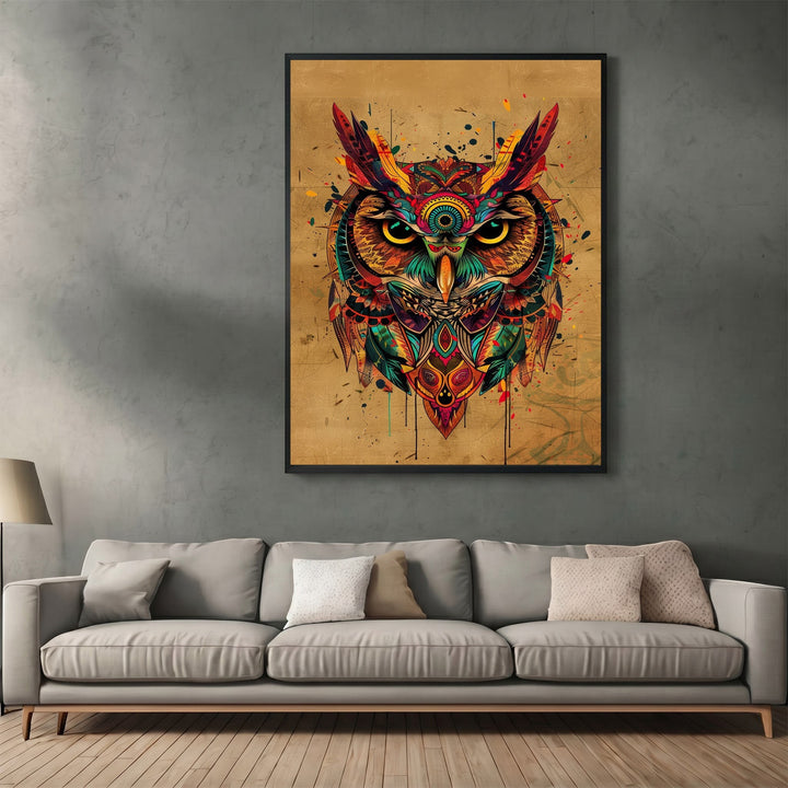 Wadi Home abstract owl wall art print with vibrant geometric patterns on a textured gold background in a living room.