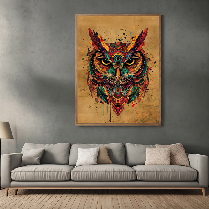 Wadi Home abstract owl wall art print with geometric patterns and vibrant colors in a modern living room setting.
