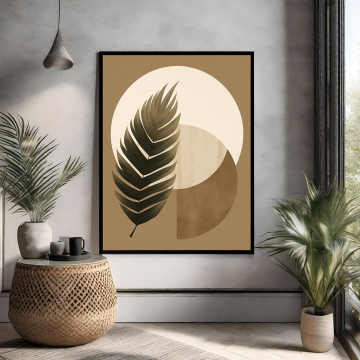 Wadi Home abstract botanical wall art featuring a dark green palm leaf against a backdrop of beige, cream, and brown geometric shapes.