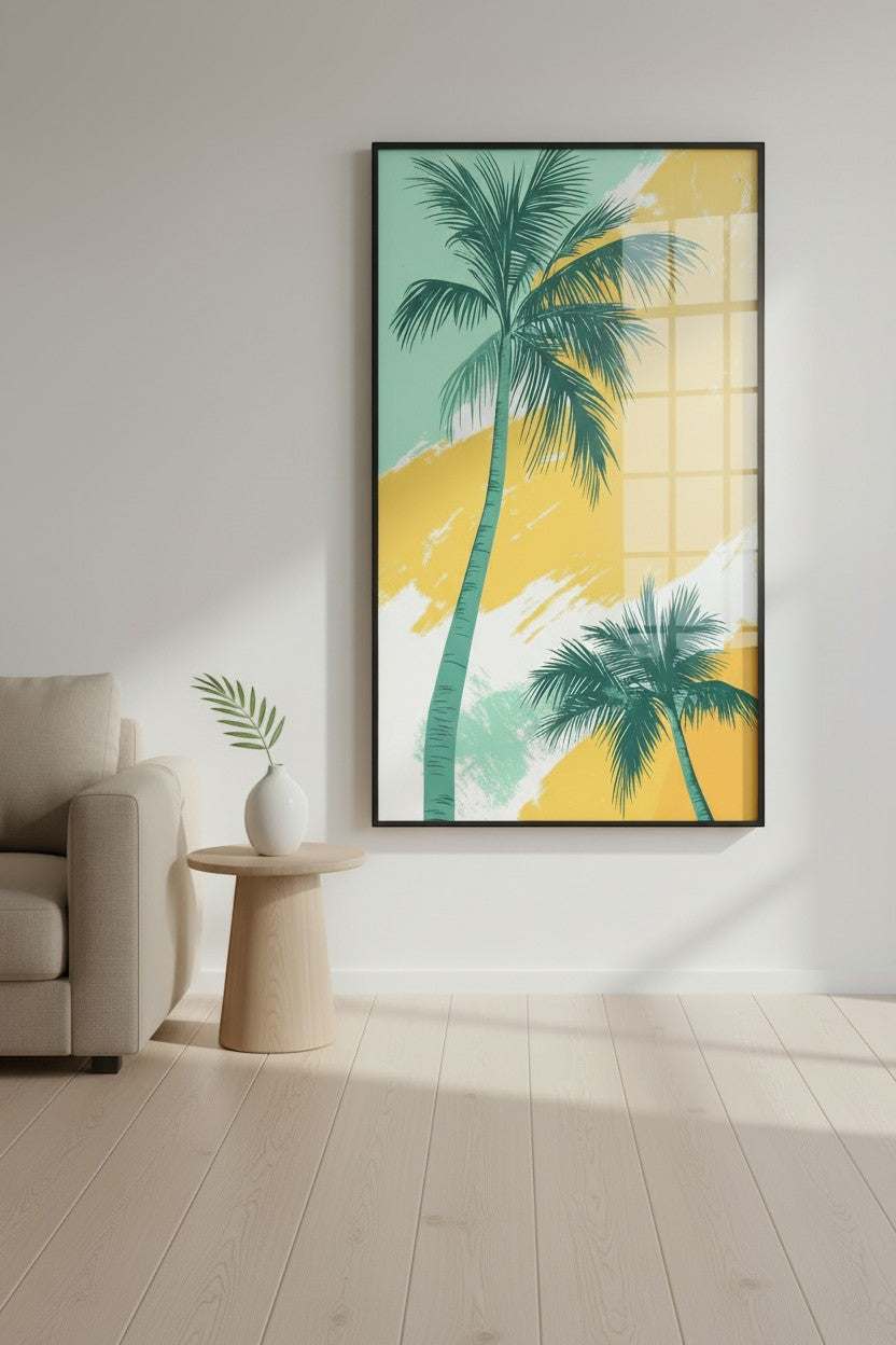 Wadi Home Abstract Palm Tree Canvas with teal fronds, yellow and mint brushstrokes, coastal art.