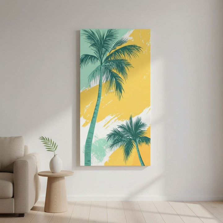 Wadi Home abstract palm tree canvas art with teal fronds on a yellow and mint green brushstroke background.