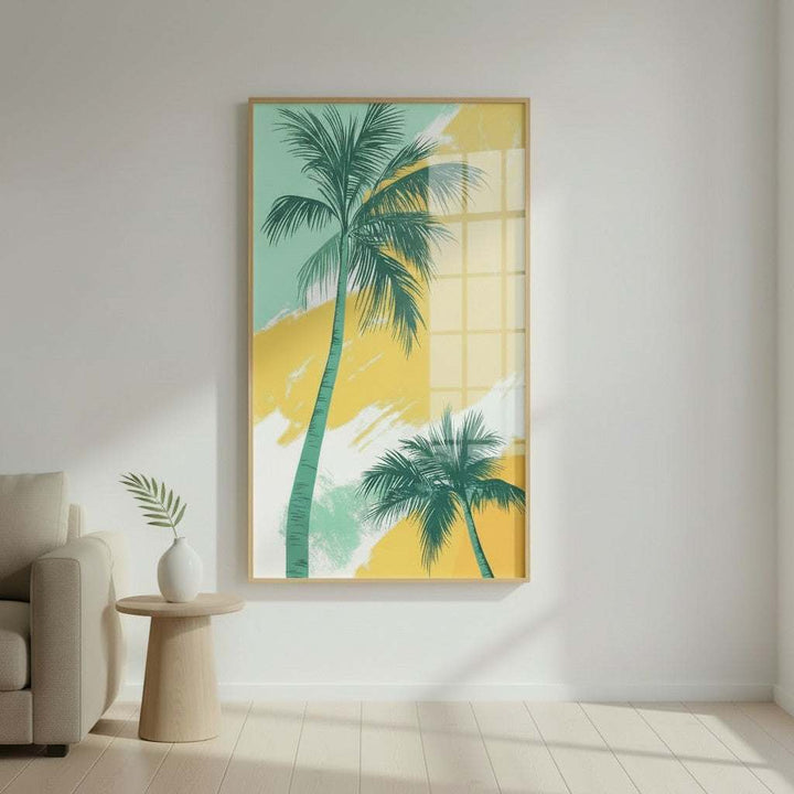 Wadi Home Abstract Palm Tree Canvas art with teal palm silhouettes on a yellow and mint green brushstroke background.