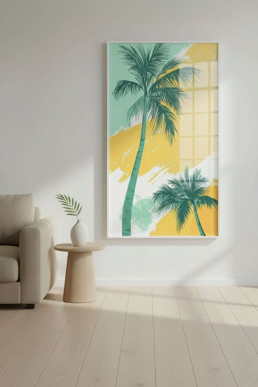 Wadi Home Abstract Palm Tree Canvas art with teal palm trees on a yellow and mint green background.