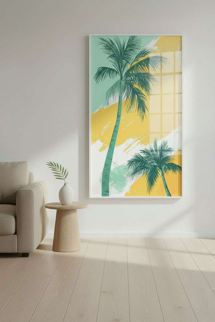Wadi Home Abstract Palm Tree Canvas art with teal palm trees on a yellow and mint green background.