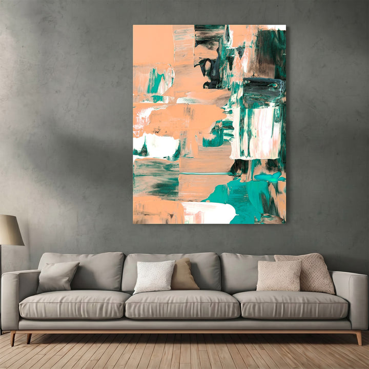 Wadi Home abstract expressionist canvas print with peach and forest green brushstrokes hanging above a modern sofa.