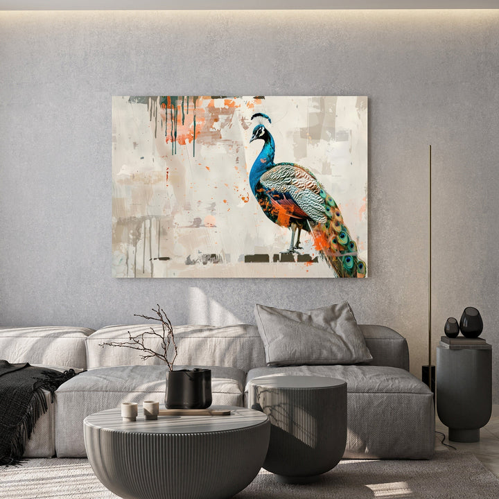 Wadi Home abstract peacock wall art print with vibrant blue and orange feathers above a modern grey living room sofa