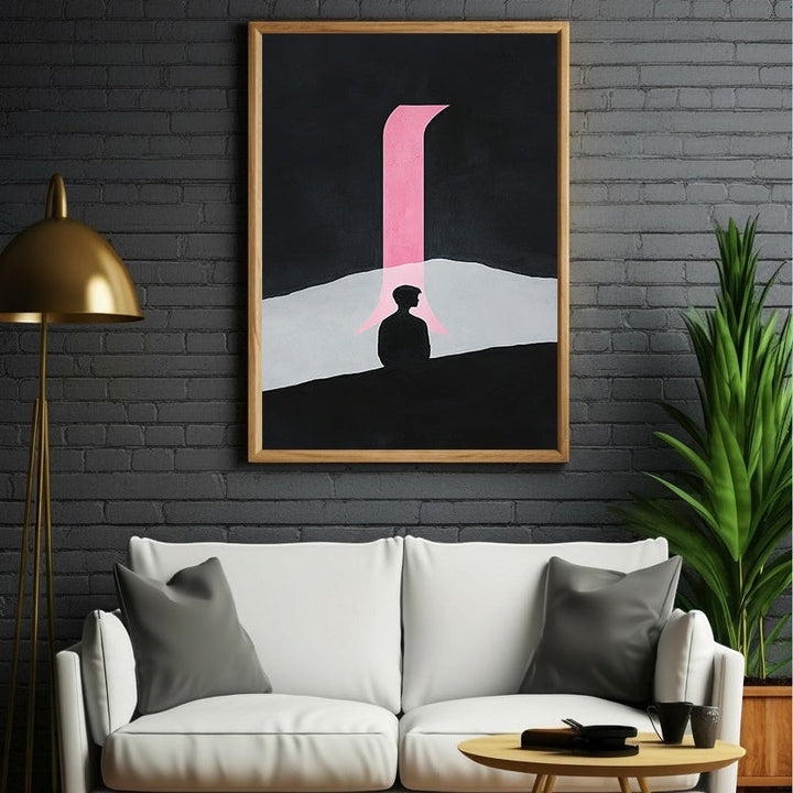 Wadi Home abstract wall art with black background, pink archway, and silhouette of a person.