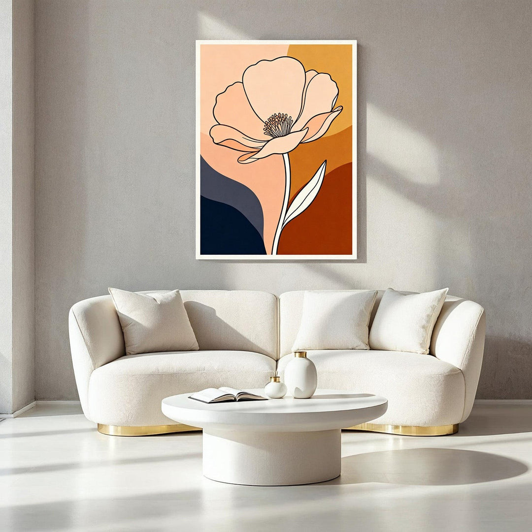 Wadi Home abstract poppy line art wall decor with terracotta, navy, and blush background. Modern minimalist art.