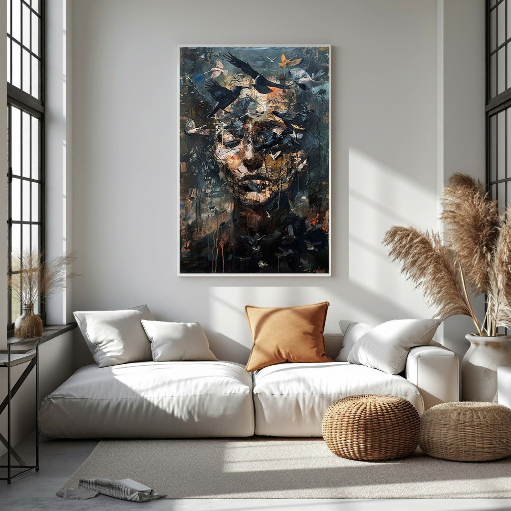 Wadi Home abstract portrait wall art with a human face and birds, dark colors, textured details.