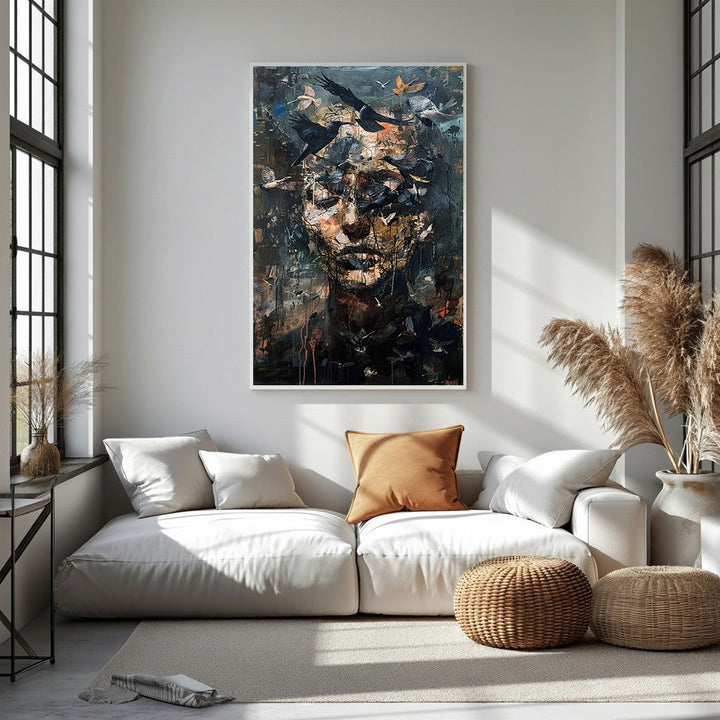 Wadi Home abstract portrait wall art with a human face and birds, dark colors, textured details.