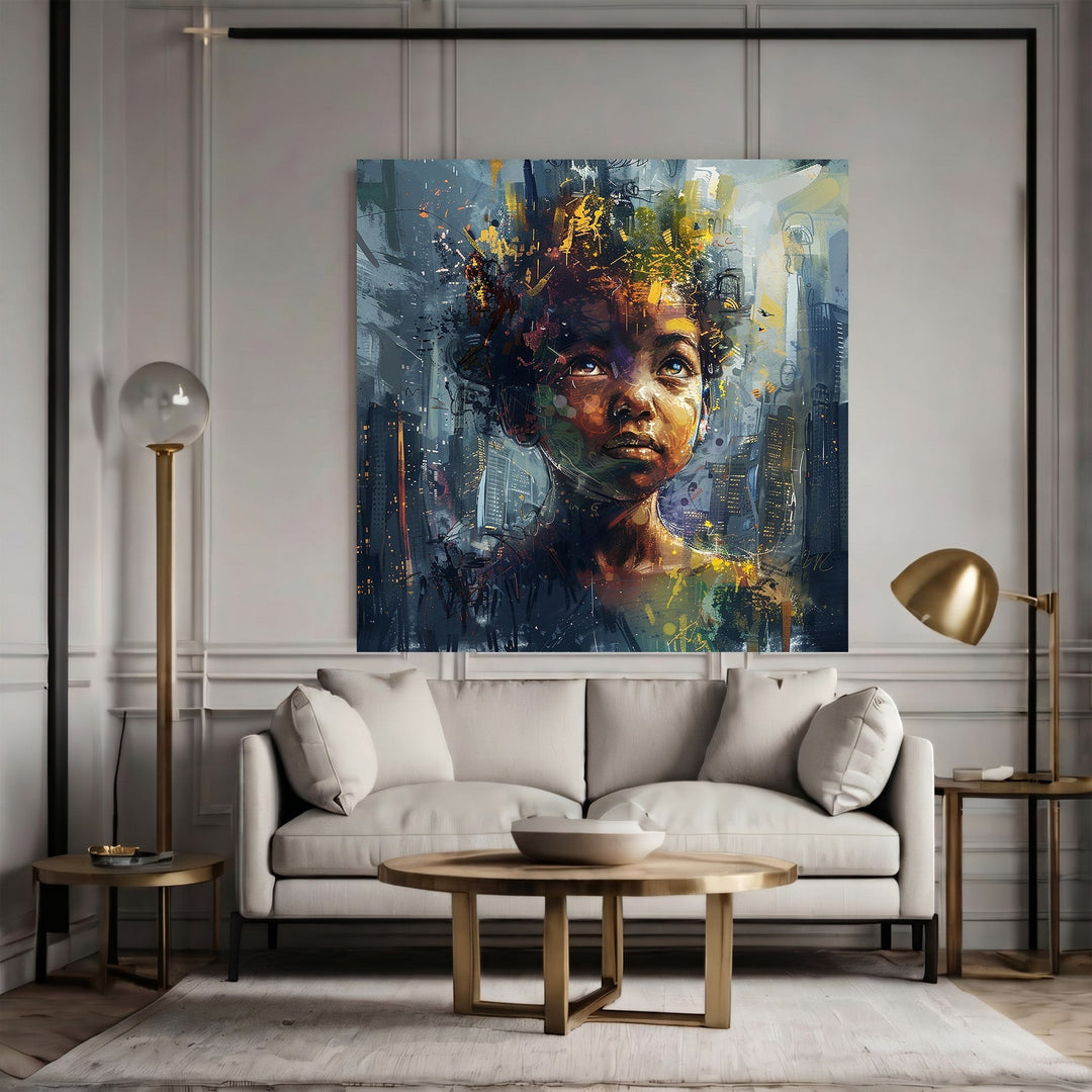Wadi Home abstract portrait canvas print featuring deep blues and warm gold tones displayed above a modern sofa.