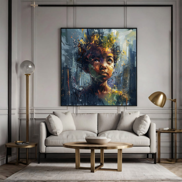 Wadi Home abstract portrait canvas print featuring deep blues and gold tones, displayed above a modern beige sofa.