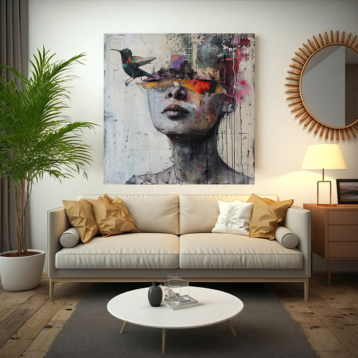 Wadi Home abstract portrait canvas print featuring a human silhouette, hummingbird, and vibrant paint splashes.