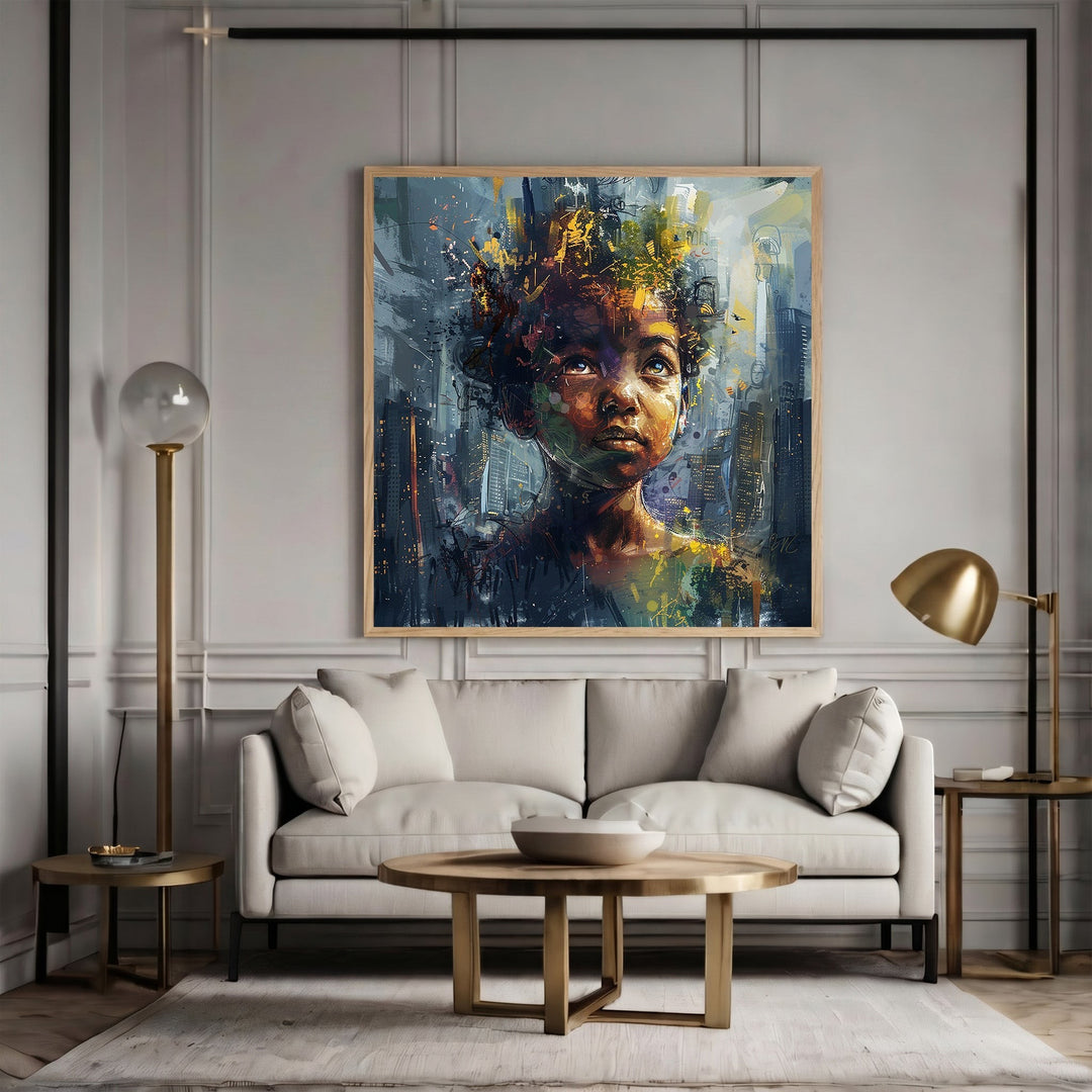 Wadi Home abstract portrait canvas print with vibrant blue and gold tones displayed above a modern beige sofa.