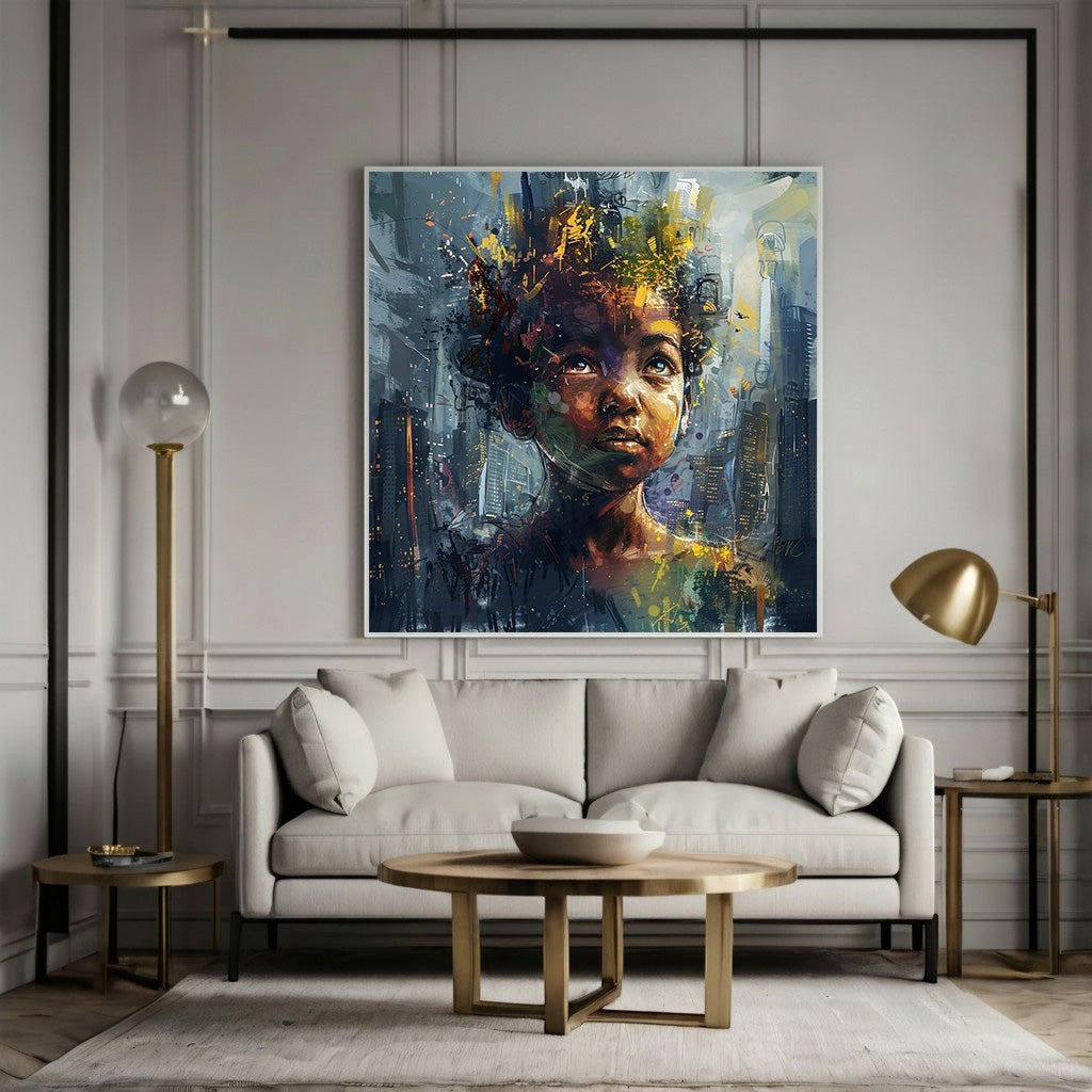 Wadi Home abstract portrait canvas print with vibrant blue and gold tones displayed above a modern grey sofa.