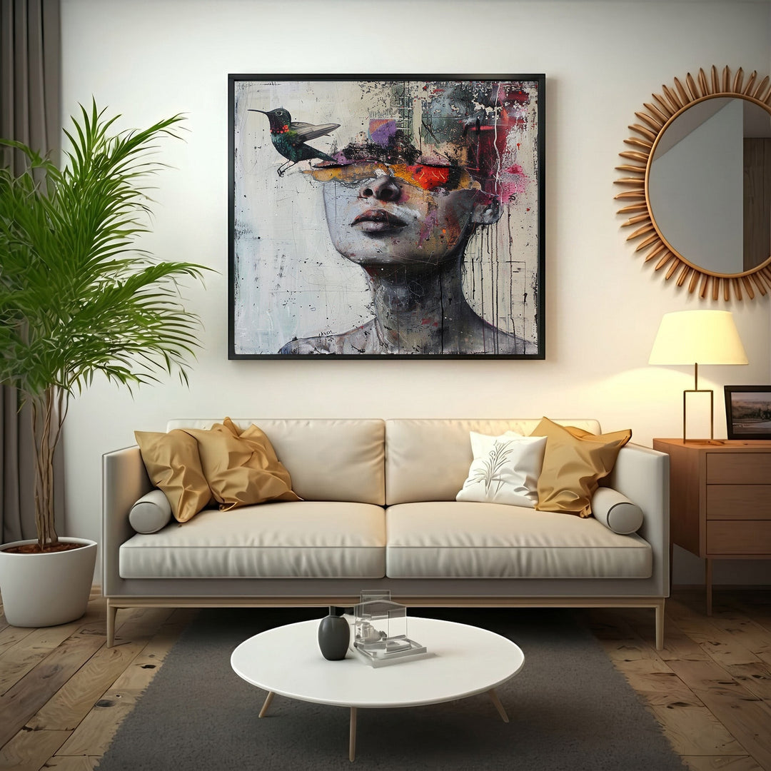 Wadi Home abstract portrait canvas print featuring a human silhouette and hummingbird above a modern beige sofa.