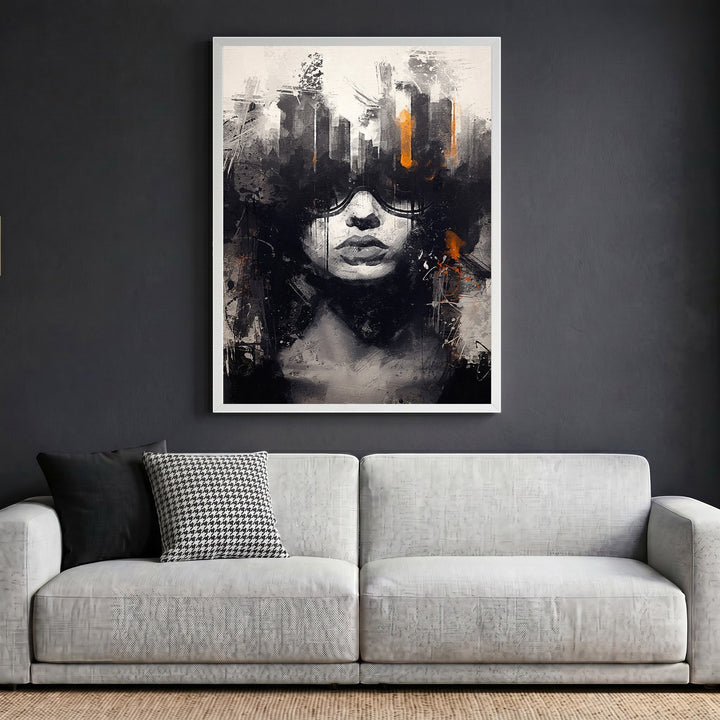 Wadi Home abstract portrait canvas print with monochromatic tones and burnt orange accents hanging above a sofa.