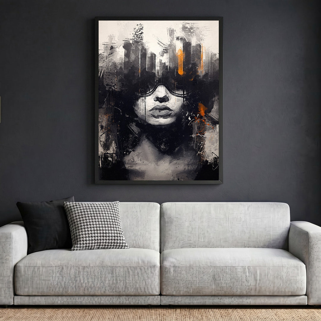 Wadi Home abstract portrait canvas print with black, white, and burnt orange brushstrokes in a modern black frame.