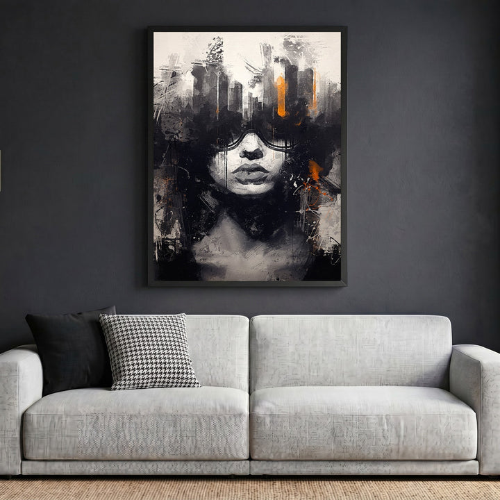 Wadi Home abstract portrait canvas print with black, white, and burnt orange brushstrokes in a modern black frame.