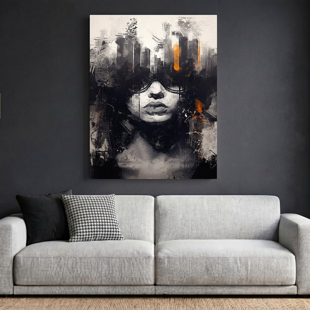 Wadi Home abstract portrait canvas print with textured brushstrokes and burnt orange accents hanging above a sofa.
