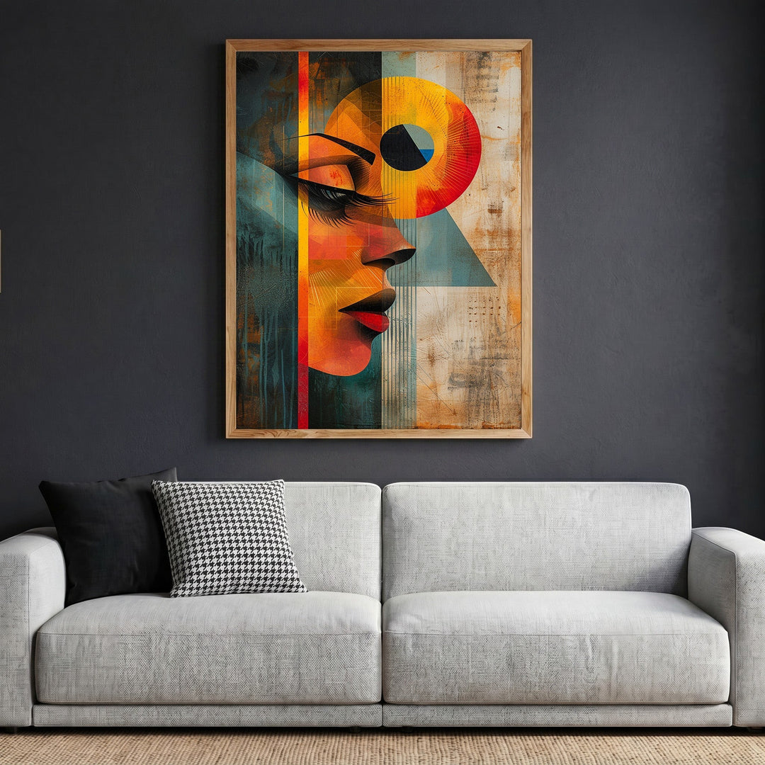 Wadi Home abstract portrait wall art in a wooden frame hanging above a modern grey sofa in a contemporary living room.