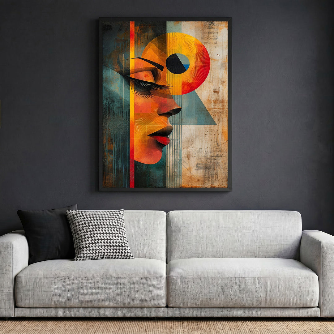 Wadi Home abstract portrait wall art in a black frame hanging above a modern grey sofa in a contemporary living room.