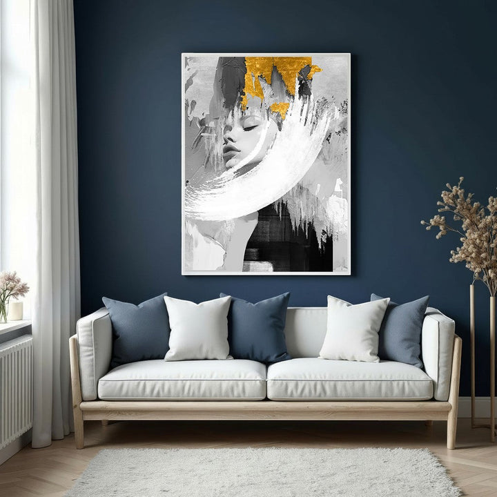 Wadi Home abstract portrait art with gold accents, monochrome tones, and dynamic brushstrokes.