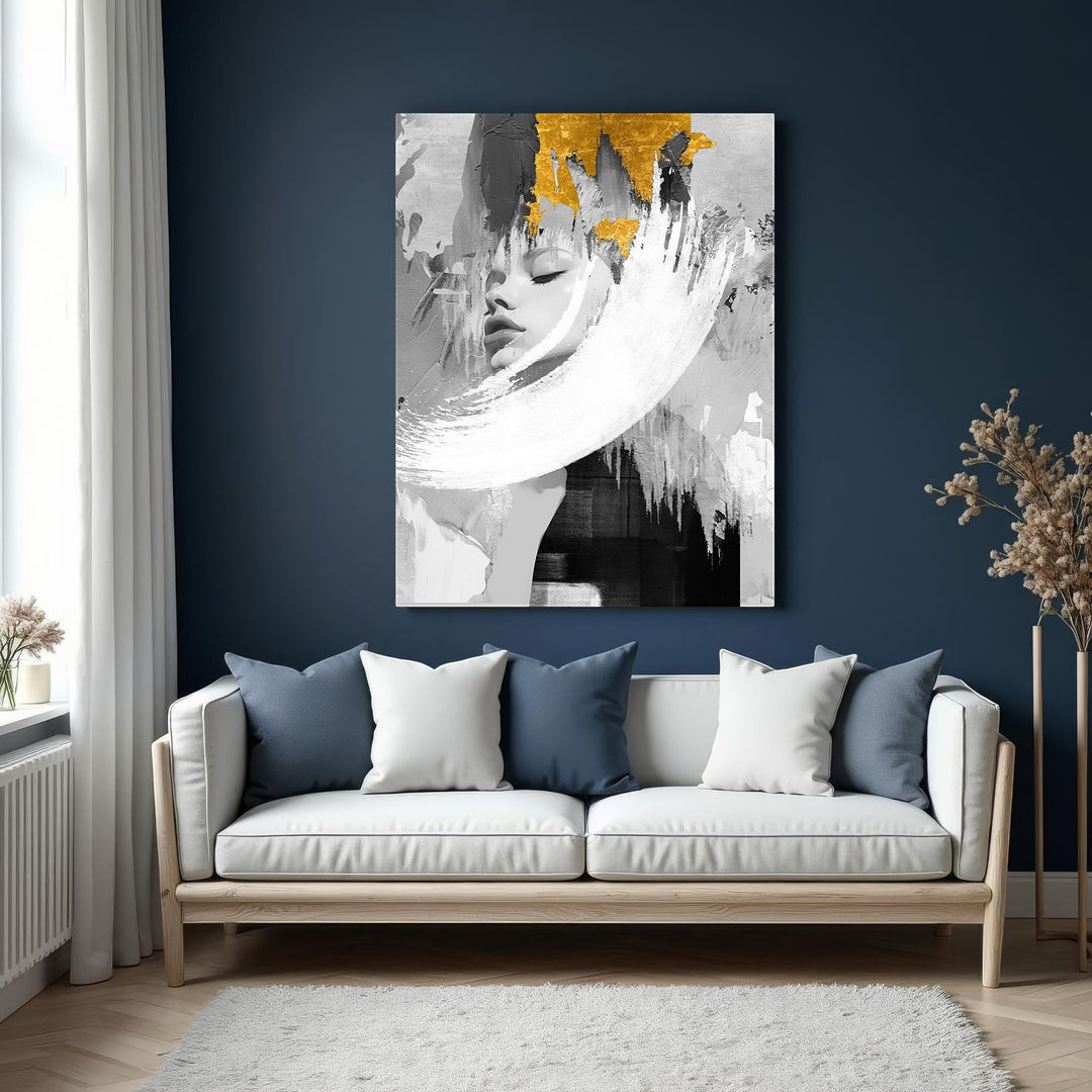 Wadi Home abstract portrait art with gold accents, monochrome tones, and dynamic brushstrokes.