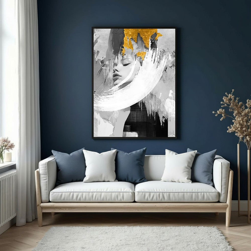 Wadi Home abstract portrait art with gold accents, monochrome tones, and dynamic brushstrokes.