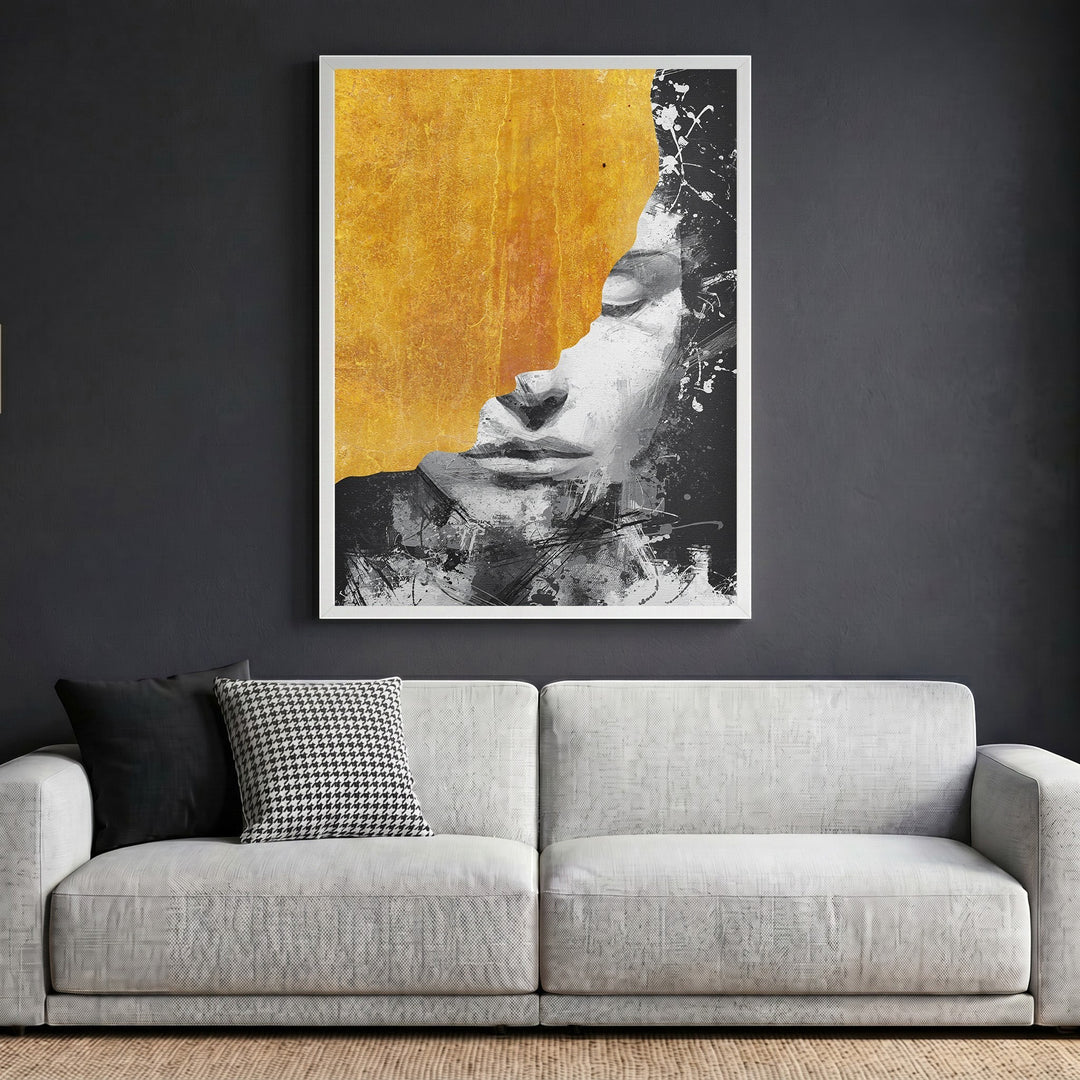 Wadi Home abstract portrait wall art print featuring a charcoal face profile with textured gold leaf on a grey wall