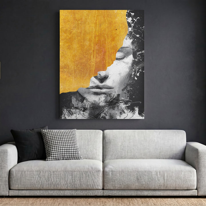 Wadi Home abstract portrait wall art print featuring charcoal tones and textured gold leaf on a living room wall.