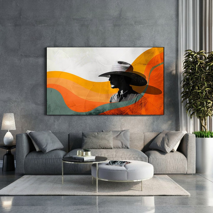 Wadi Home abstract portrait of a figure in a wide-brimmed hat, with monochrome tones and flowing waves of orange and yellow.