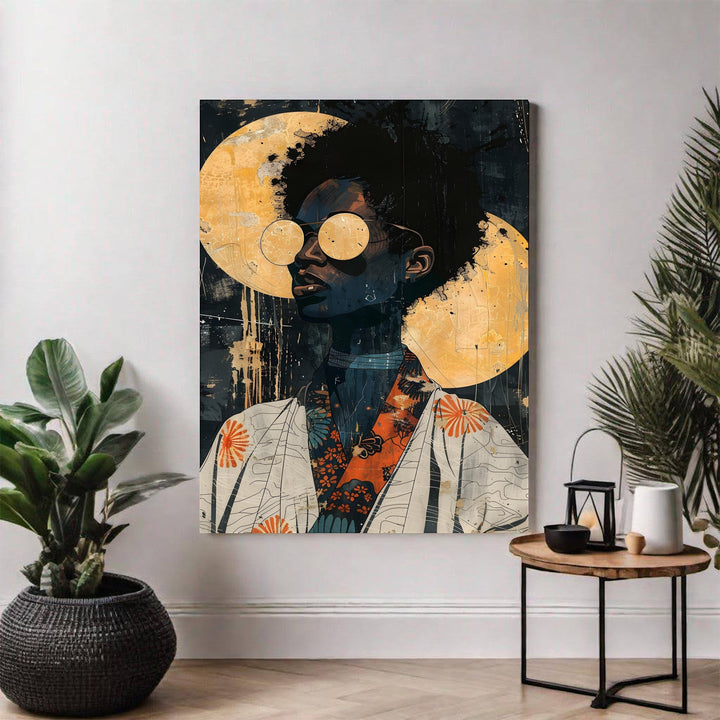 Wadi Home abstract portrait art print featuring a profile with large round sunglasses against a textured golden moon.