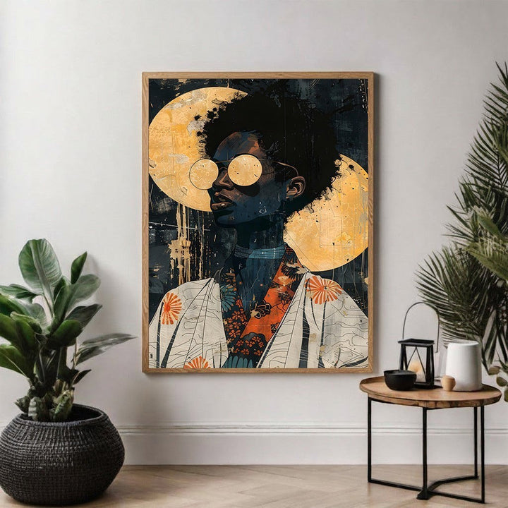 Wadi Home abstract portrait art print featuring a profile of a person with large afro hair, wearing round sunglasses and a patterned robe, set against a textured golden moon.