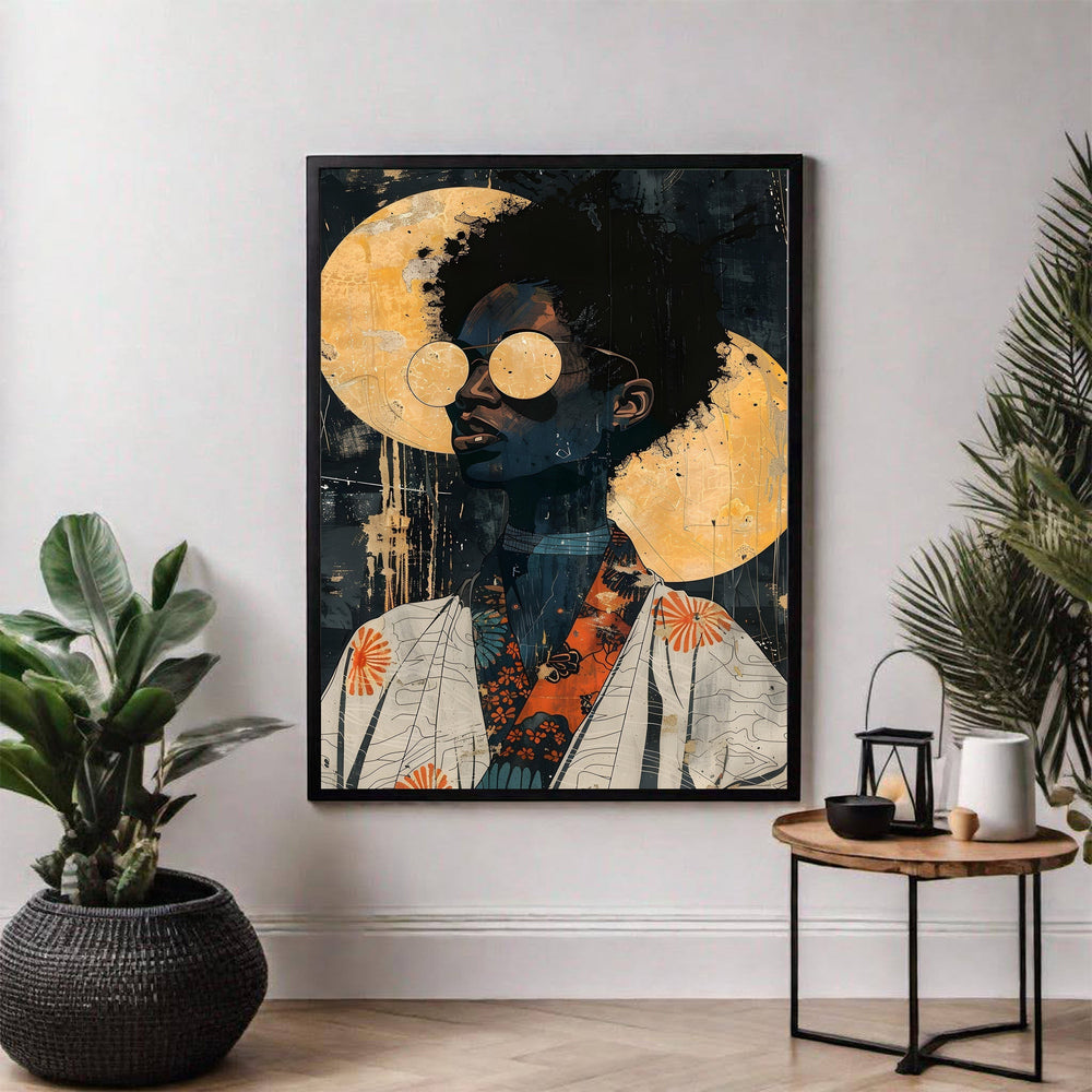 Wadi Home abstract portrait art print of a person with afro hair and round sunglasses against a textured golden moon.